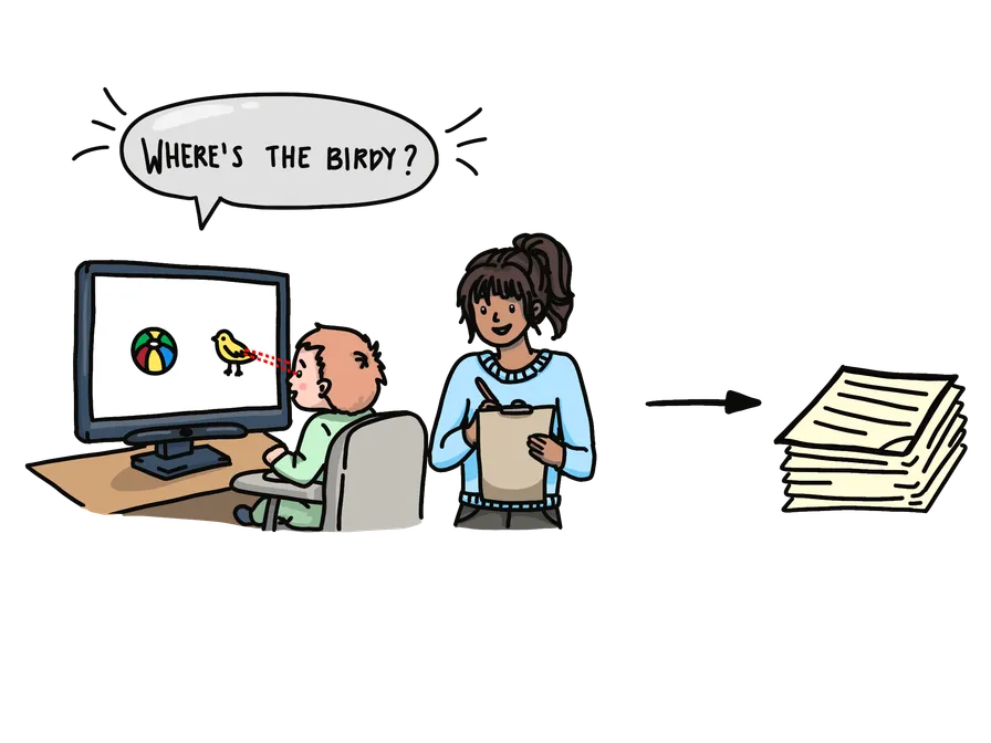 A child looks at a picture of a bird on a screen while a researcher takes notes